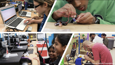 several collages showing youth tinkering with 3D printers, a laptop and several hands-on electronic components. 