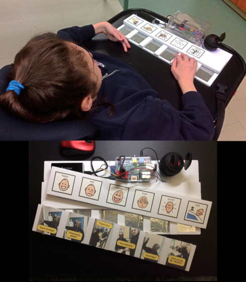 Top photo shows a girl in a wheel chair with a customized touch board on its tray. Bottom photo shows a touch board with several conductive buttons and corresponding images. 